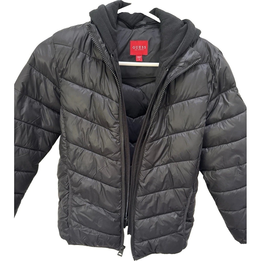 GUESS Los Angeles Boys Hooded Black Puffer Jacket Nylon Zip Size 12 Fall Coat